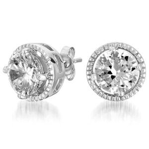 GENEVIVE Sterling Silver Round Cut Cubic Zirconia Stud Earrings Rhodium Plated